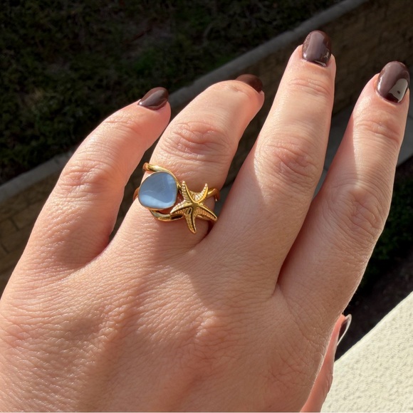 Gold Starfish Ring with Light Blue Accent - Picture 4 of 4